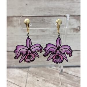 Vintage Clip On Earrings Large Pinkish Flower Dangle